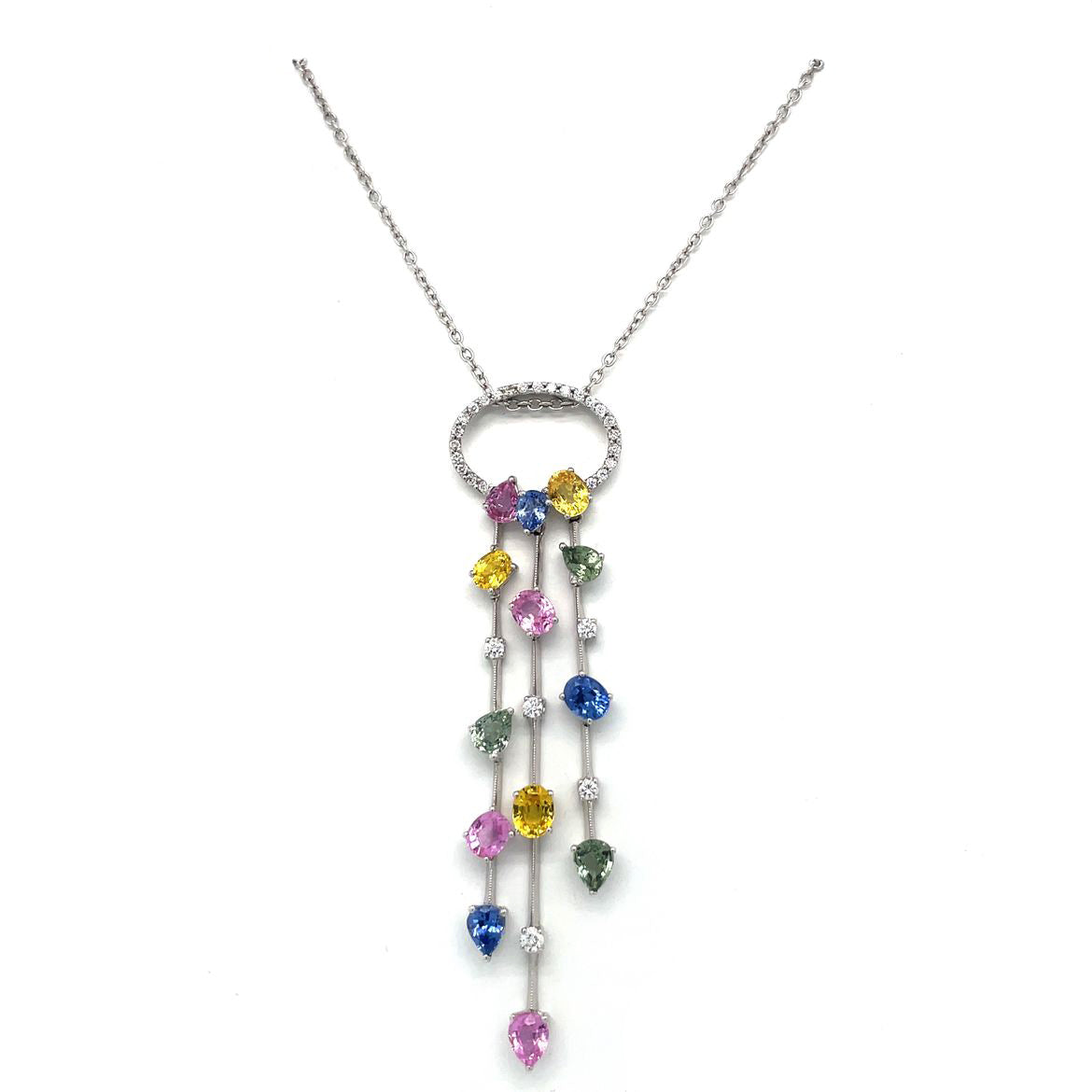 18ct White Gold Multi-Coloured Sapphire & Diamond Pendant & Chain