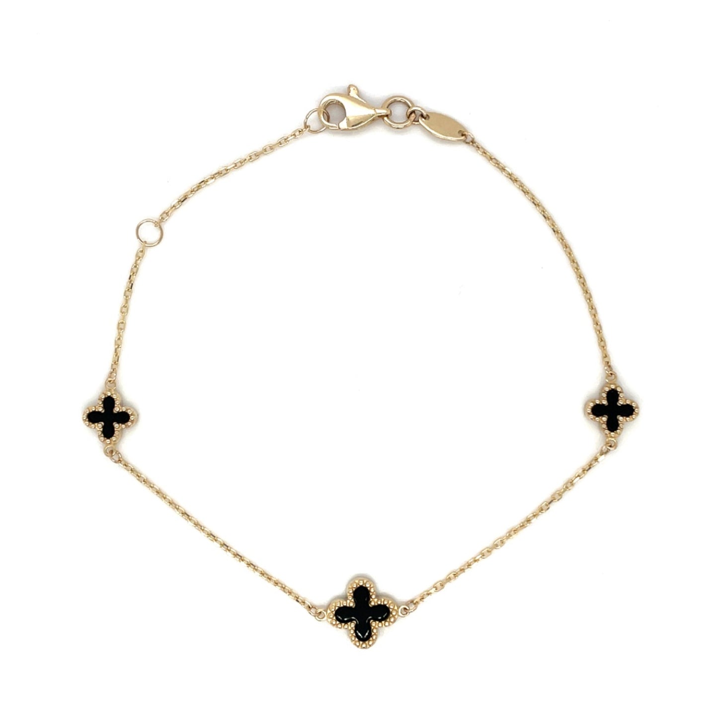9ct Yellow Gold Onyx Clover Station Bracelet