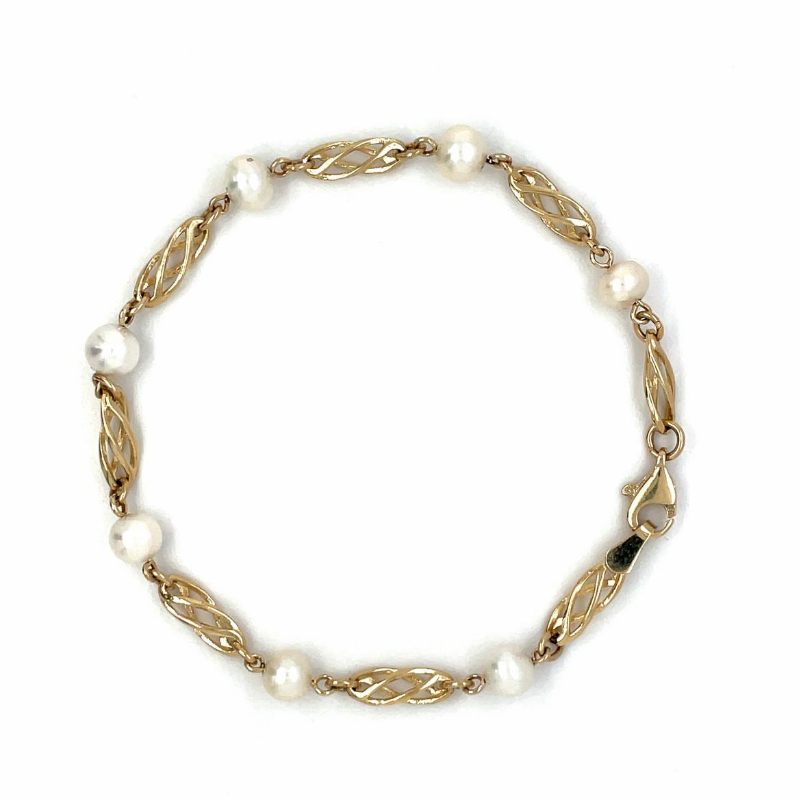 9ct Yellow Gold Freshwater Pearl & Twist Link Station Bracelet