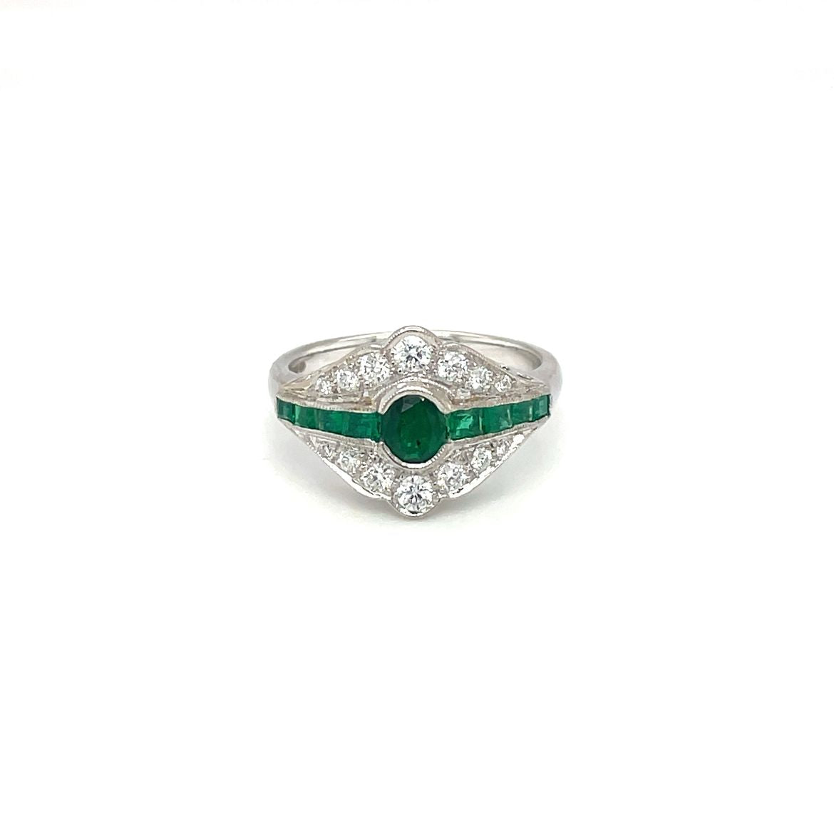 18ct White Gold Emerald & Diamond Art Deco Cluster Ring