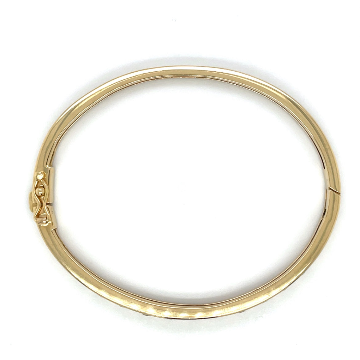 18ct yellow gold hinged bangle with 11 flush set diamonds and a figure of 8 safety catch