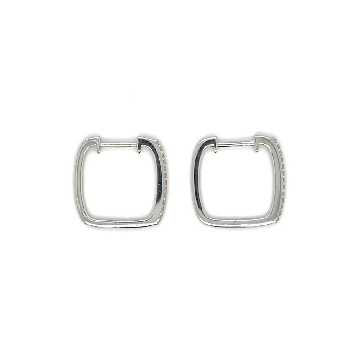 An elegant pair of square-shaped hoops, crafted in 9-carat white gold, set with round diamonds. These hoops are secured with a hinged clasp.