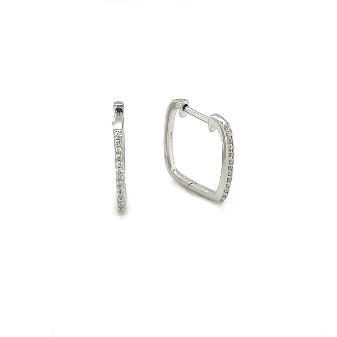 An elegant pair of square-shaped hoops, crafted in 9-carat white gold, set with round diamonds. These hoops are secured with a hinged clasp.