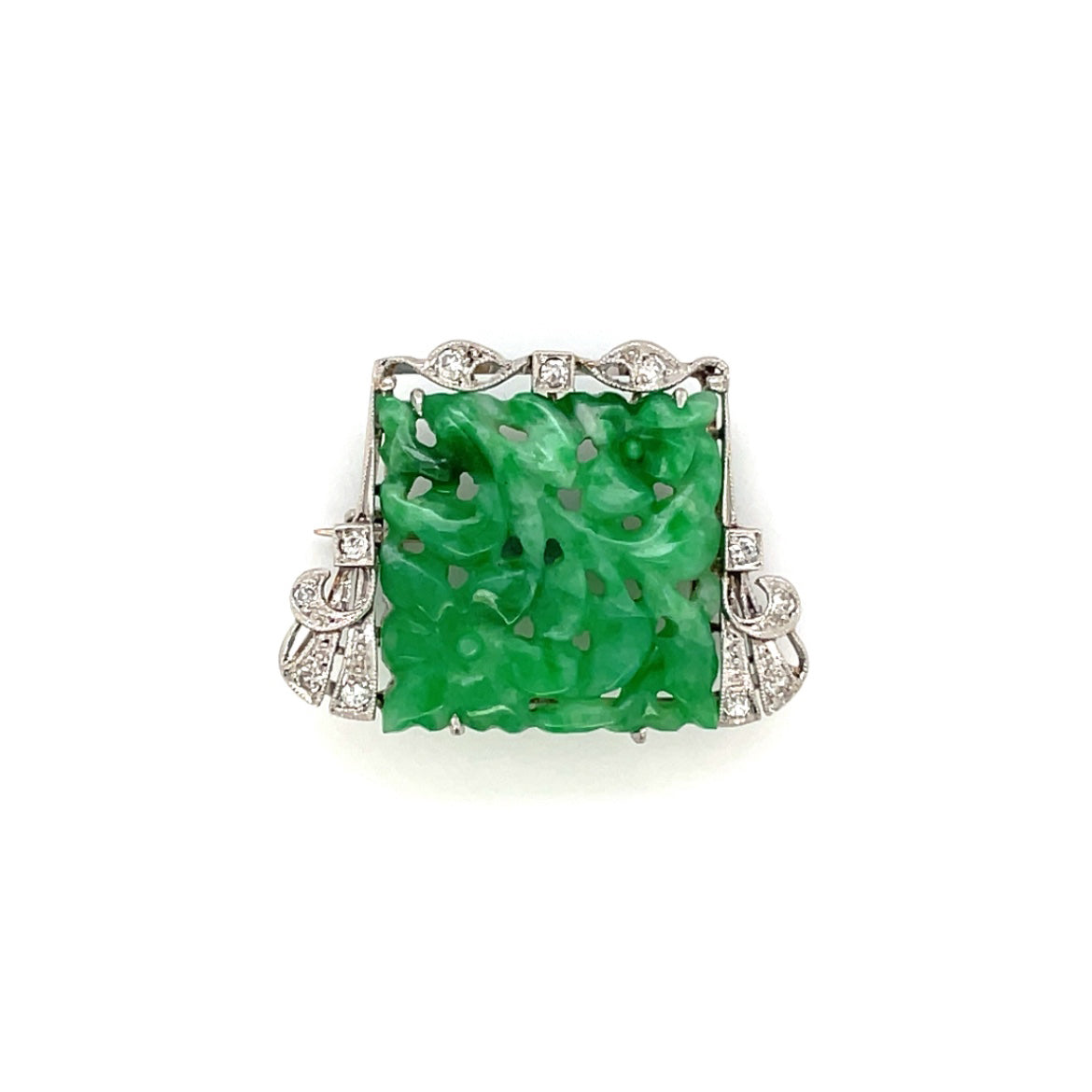Platinum Diamond & Carved Jade Brooch