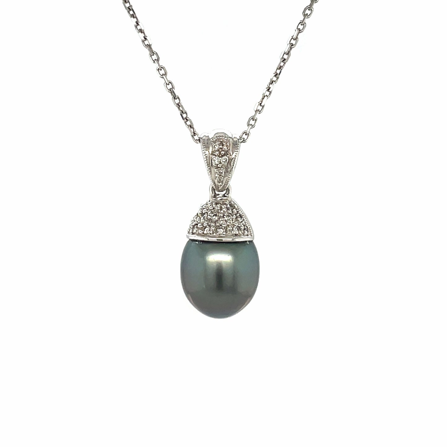 18ct White Gold Tahitian Pearl & Diamond Pendant & Chain
