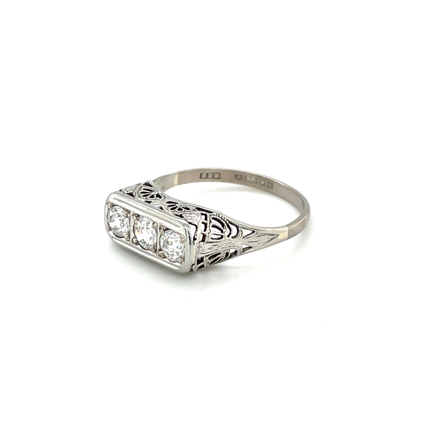 18ct White Gold Diamond Filigree Three-Stone Ring