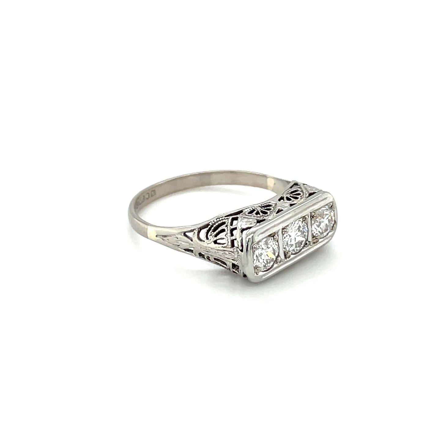 18ct White Gold Diamond Filigree Three-Stone Ring