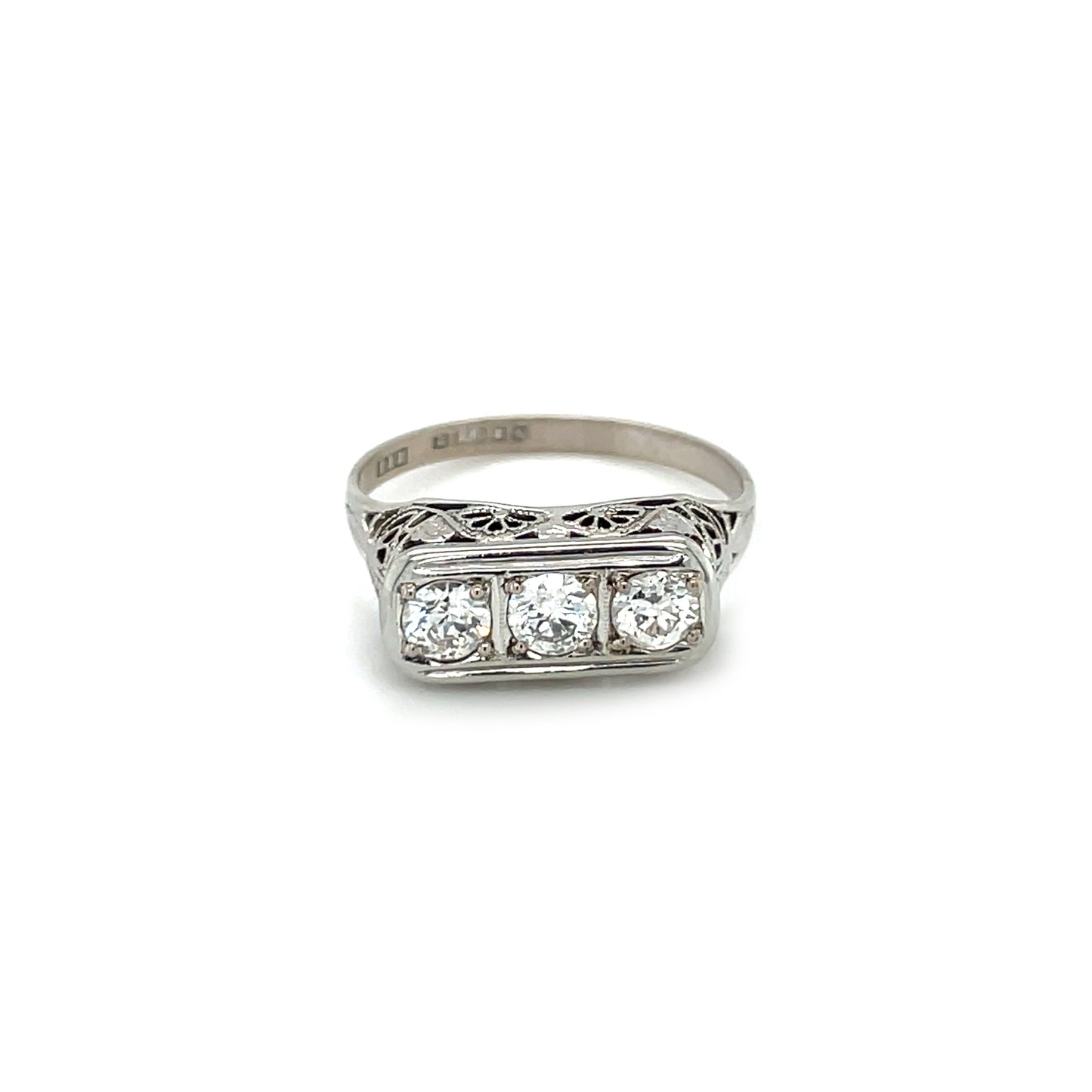 18ct White Gold Diamond Filigree Three-Stone Ring