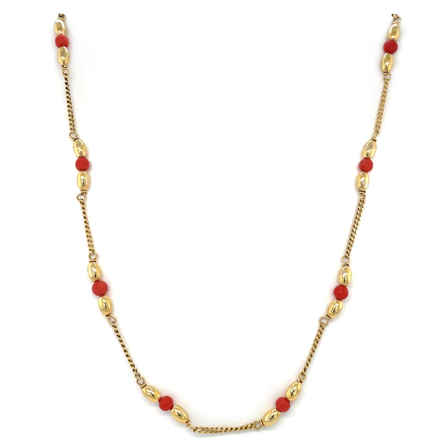 9ct Yellow Gold Coral & Gold Bead Station Necklace