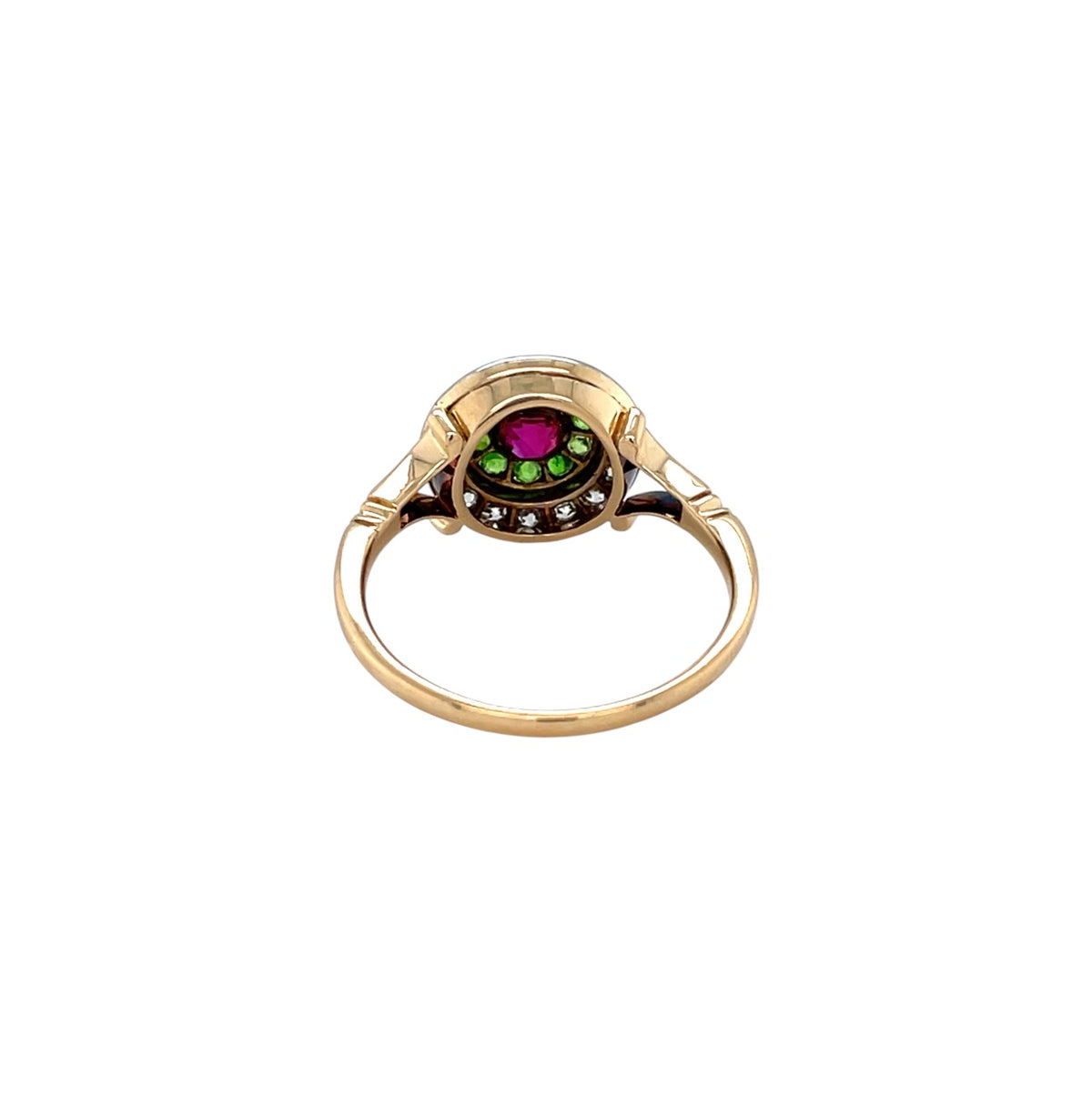 18ct Yellow Gold Diamond, Ruby & Garnet Target Ring (O)