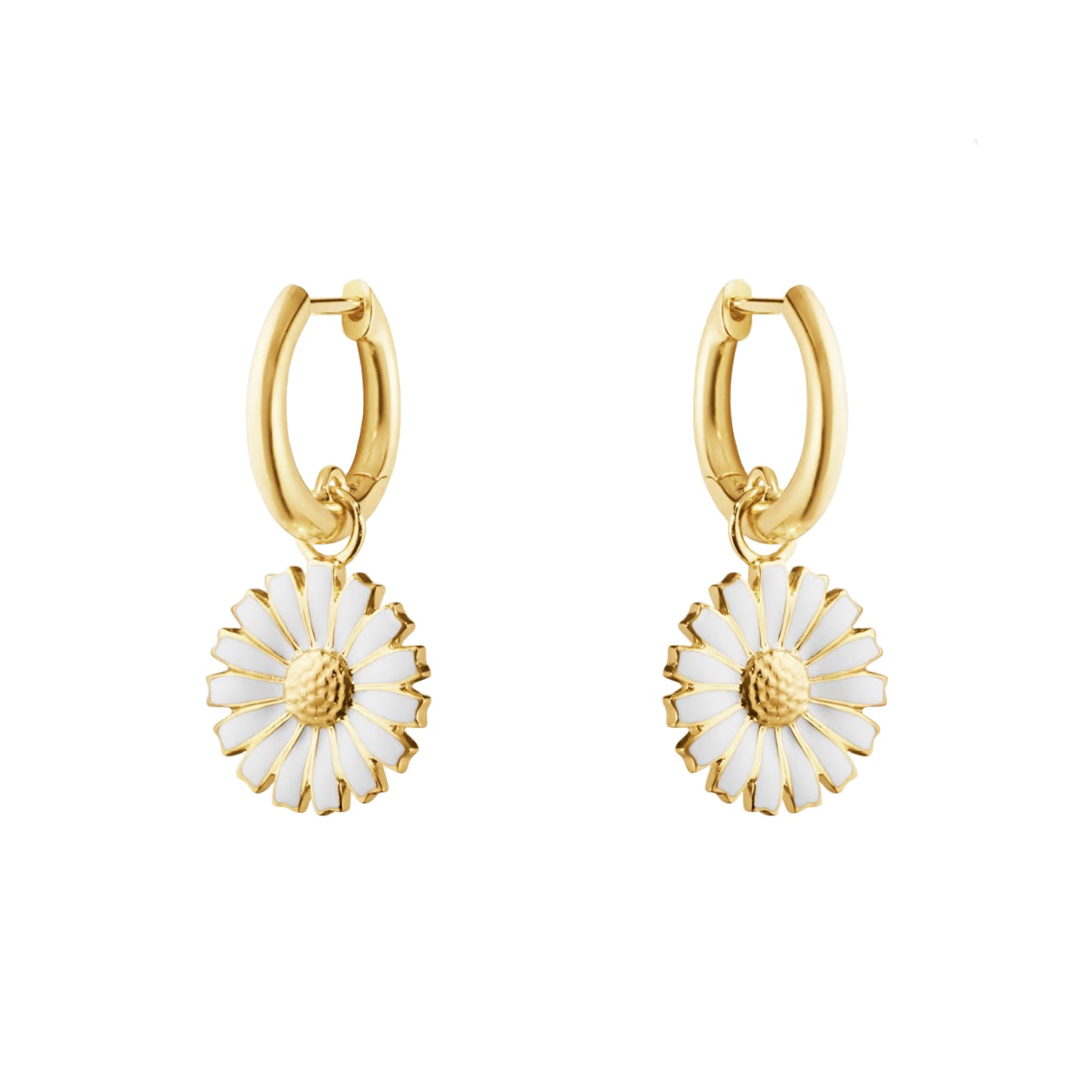 Georg Jensen White Enamel Daisy Gold Plate Hoop Earrings