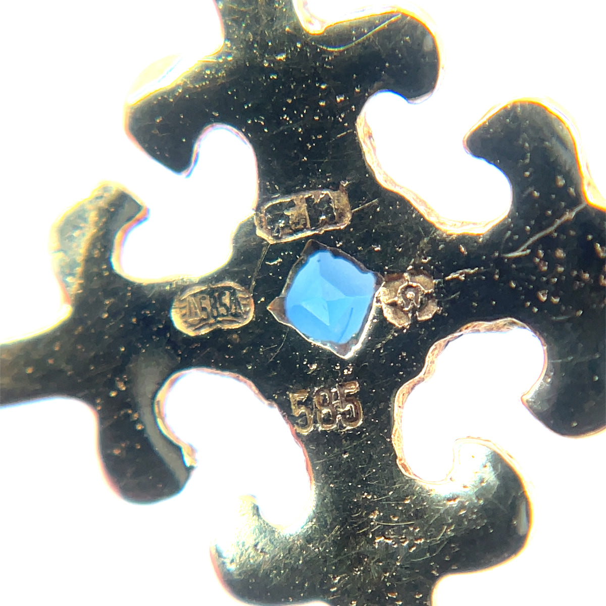 14ct Yellow Gold Cross Pendant with Pearls, Diamonds and a Sapphire