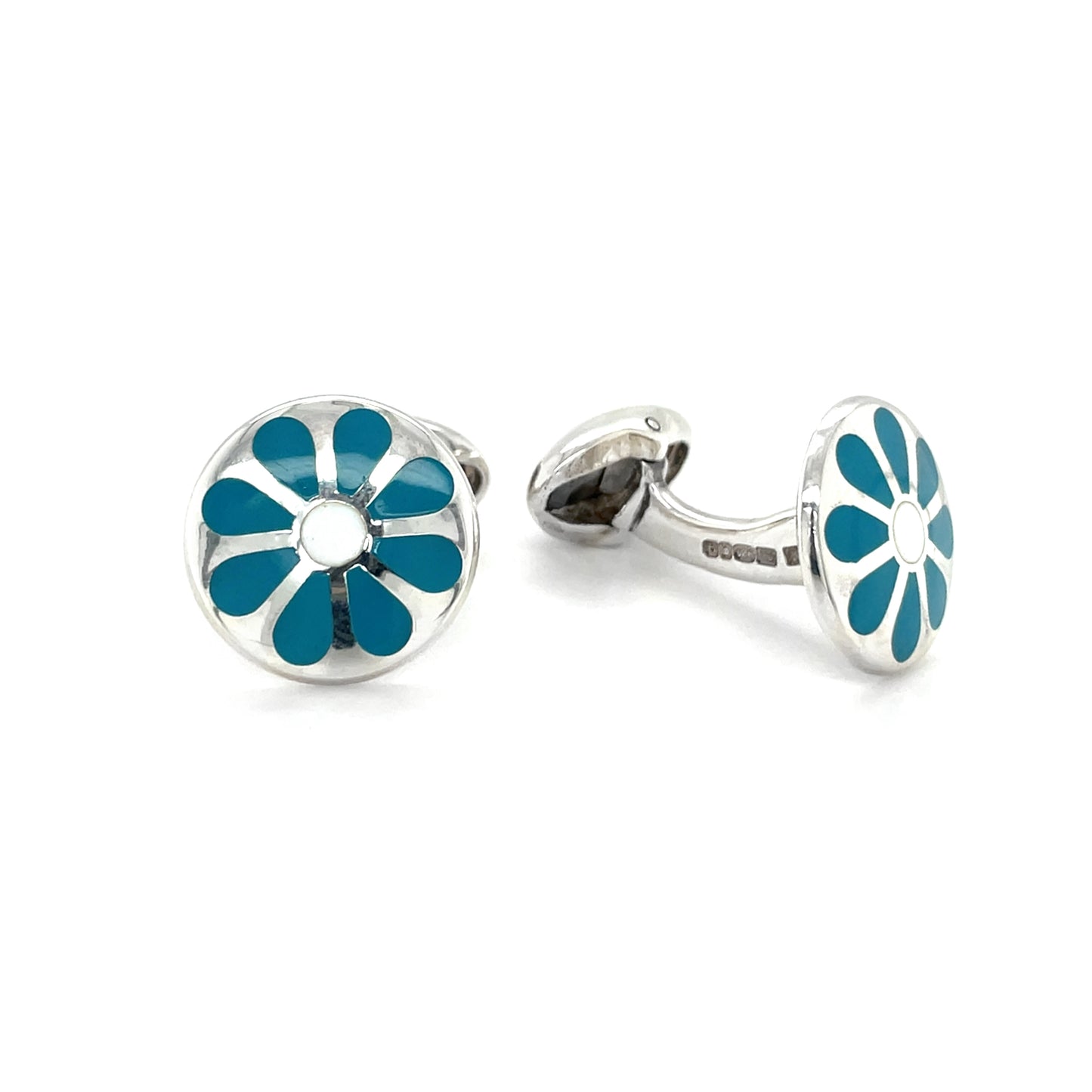 Silver & Enamel Turqouise Daisy Cufflinks