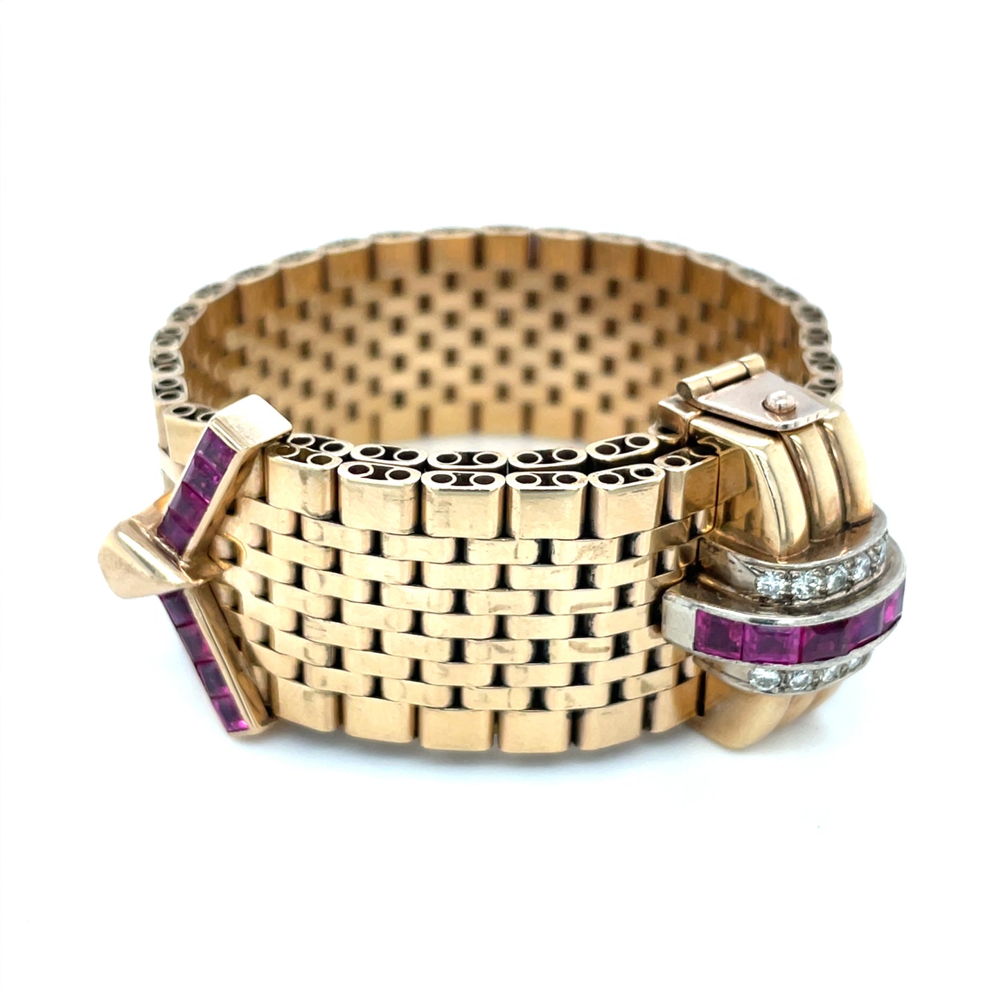 9ct Yellow Gold Ruby & Diamond Vintage Watch Strap Bracelet
