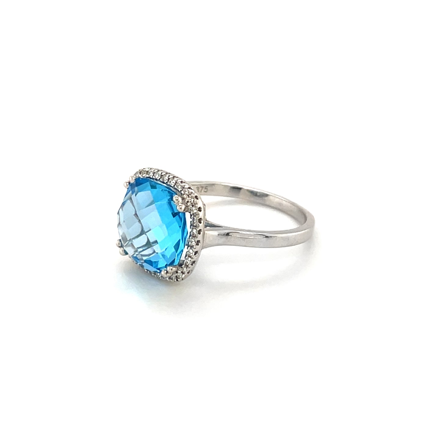 9ct White Gold Swiss Blue Topaz & Diamond Cluster Ring (N)