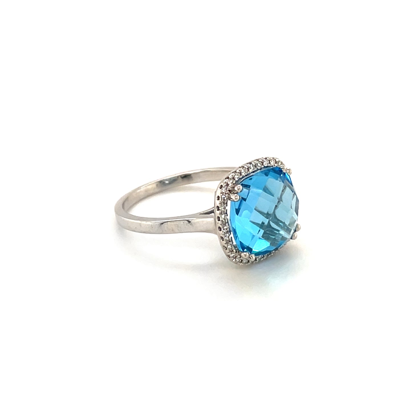 9ct White Gold Swiss Blue Topaz & Diamond Cluster Ring (N)