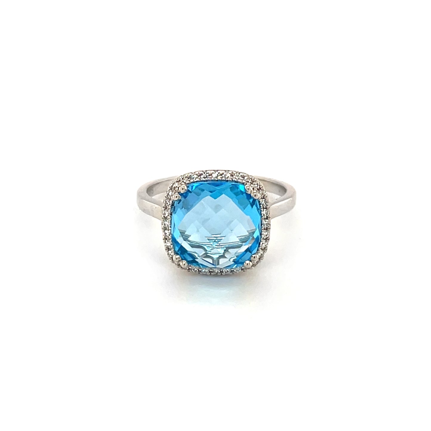 9ct White Gold Swiss Blue Topaz & Diamond Cluster Ring (N)