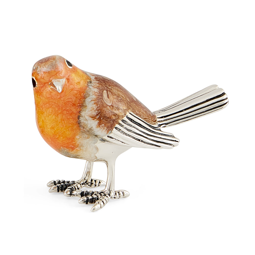 Saturno Silver and Enamel Robin Looking Left