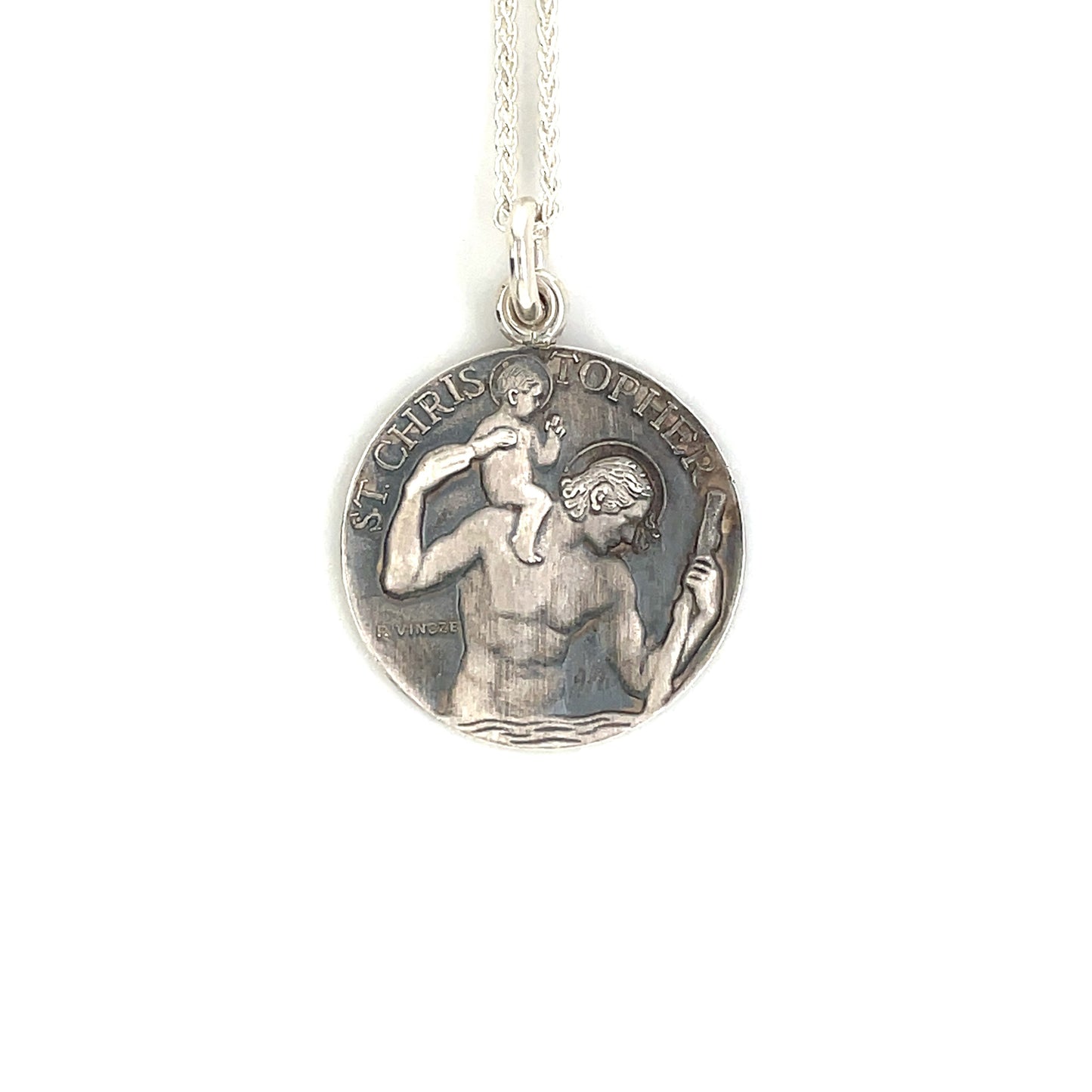 Silver St Christopher Circle Pendant (22mm) & Chain