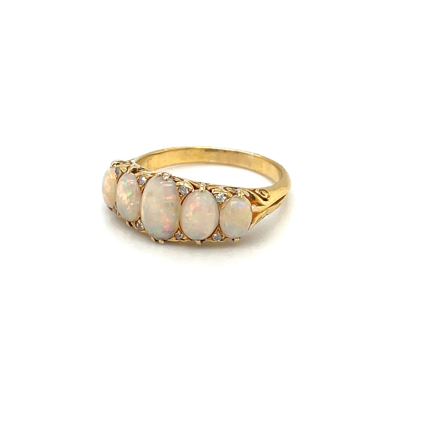 18ct Yellow Gold Opal & Diamond Five Stone Carved Half-Hoop Ring