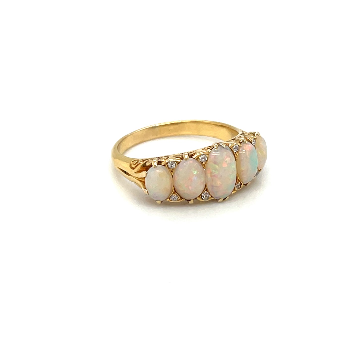 18ct Yellow Gold Opal & Diamond Five Stone Carved Half-Hoop Ring