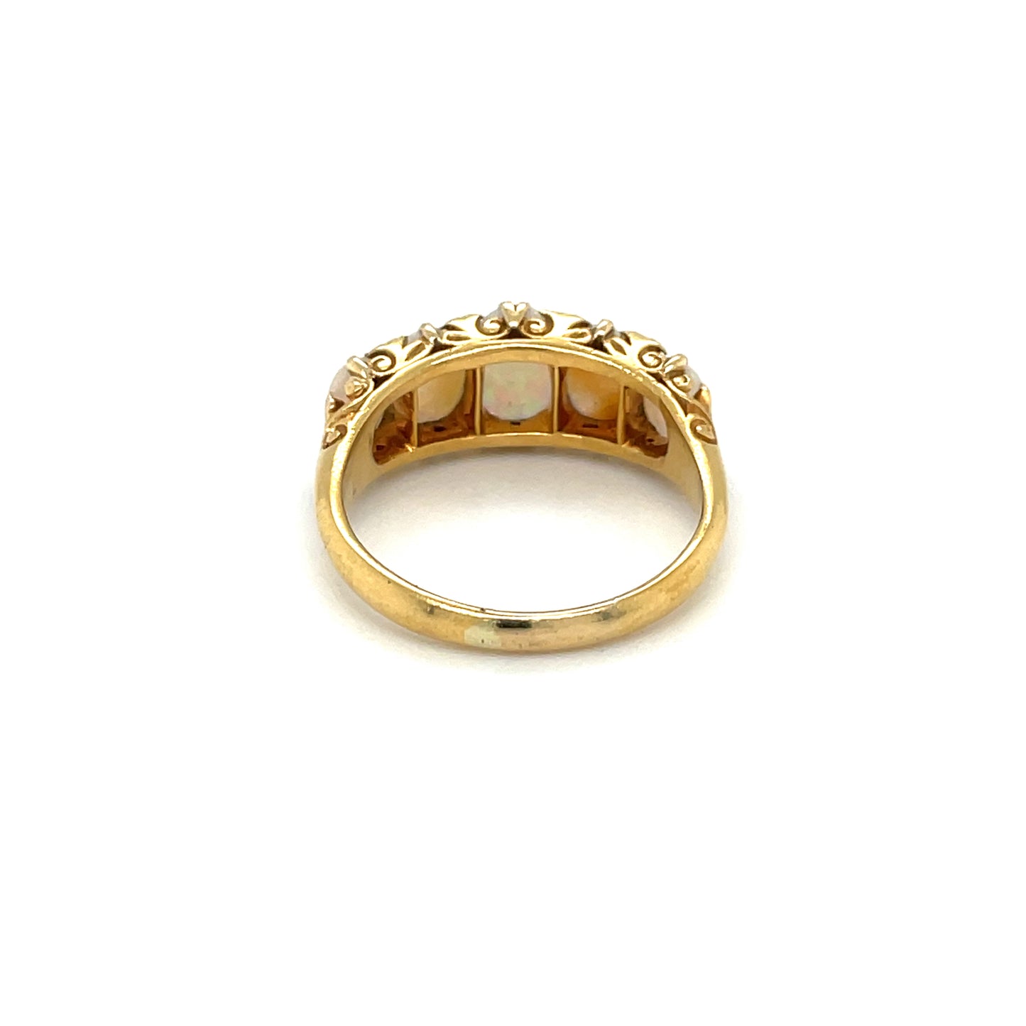 18ct Yellow Gold Opal & Diamond Five Stone Carved Half-Hoop Ring