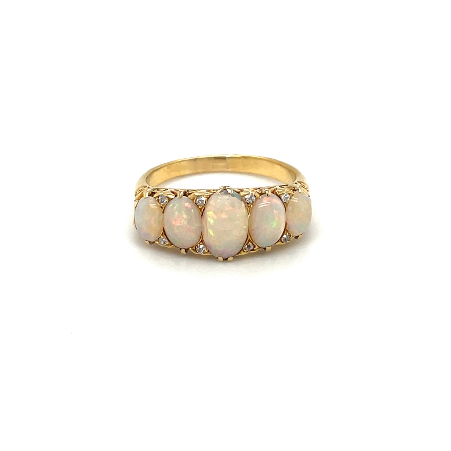 18ct Yellow Gold Opal & Diamond Five Stone Carved Half-Hoop Ring