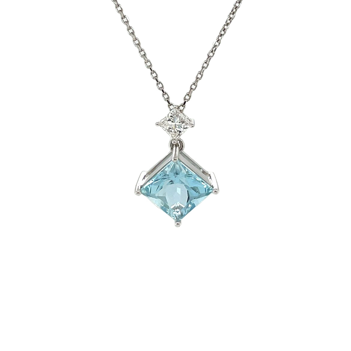 18ct White Gold Aquamarine & Diamond Drop Pendant & Chain