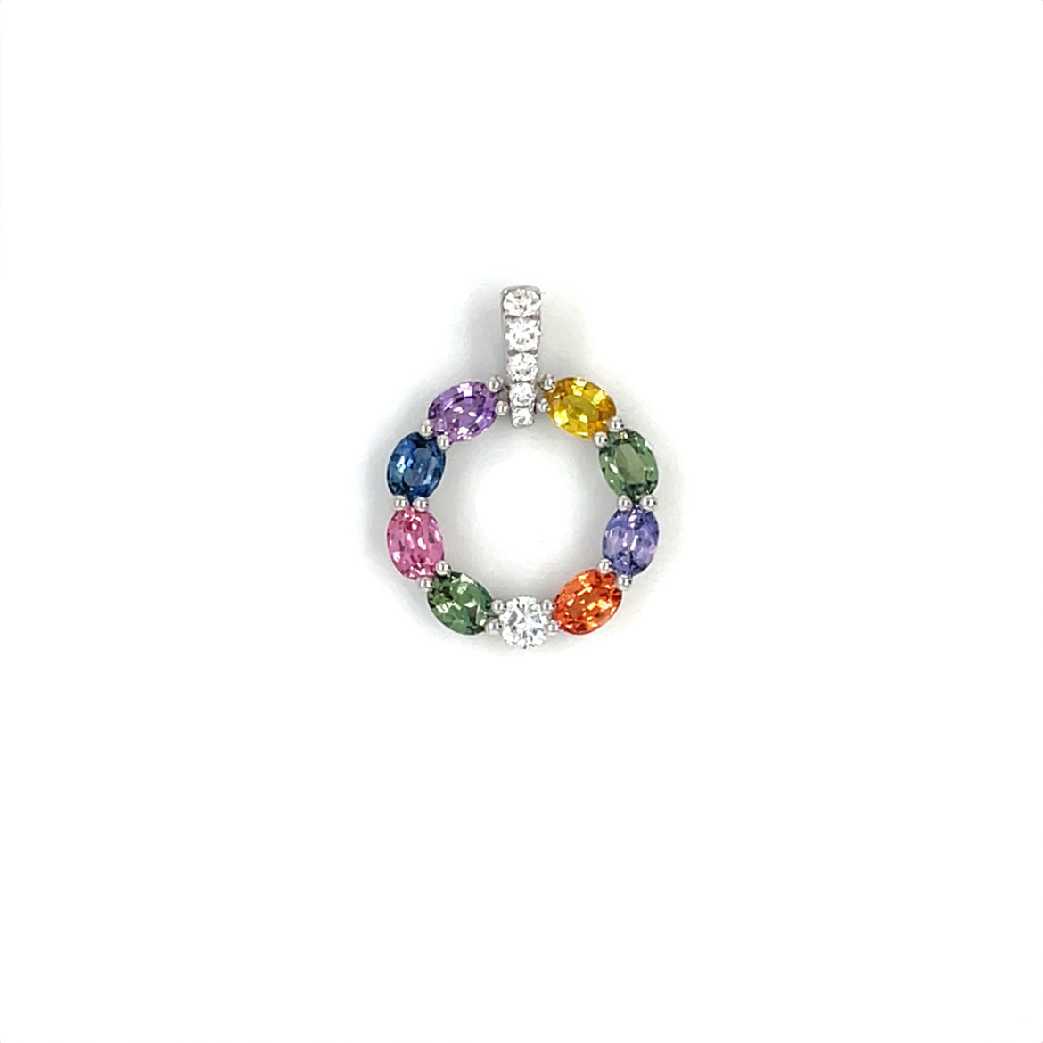 18ct White Gold Multi-Coloured Sapphire & Diamond Pendant & Chain