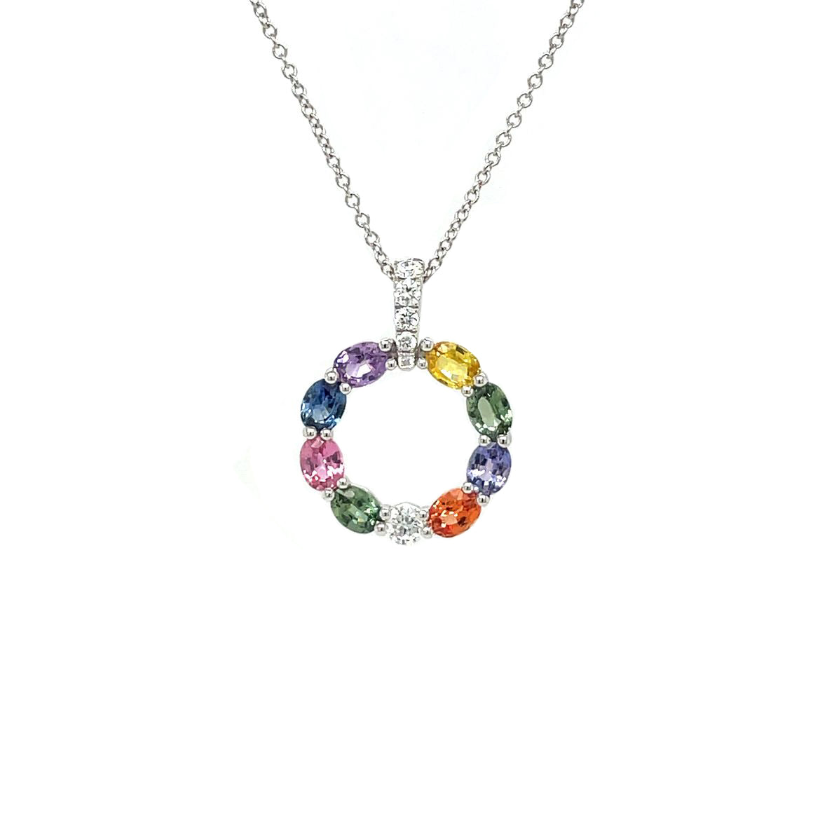 18ct White Gold Multi-Coloured Sapphire & Diamond Pendant & Chain