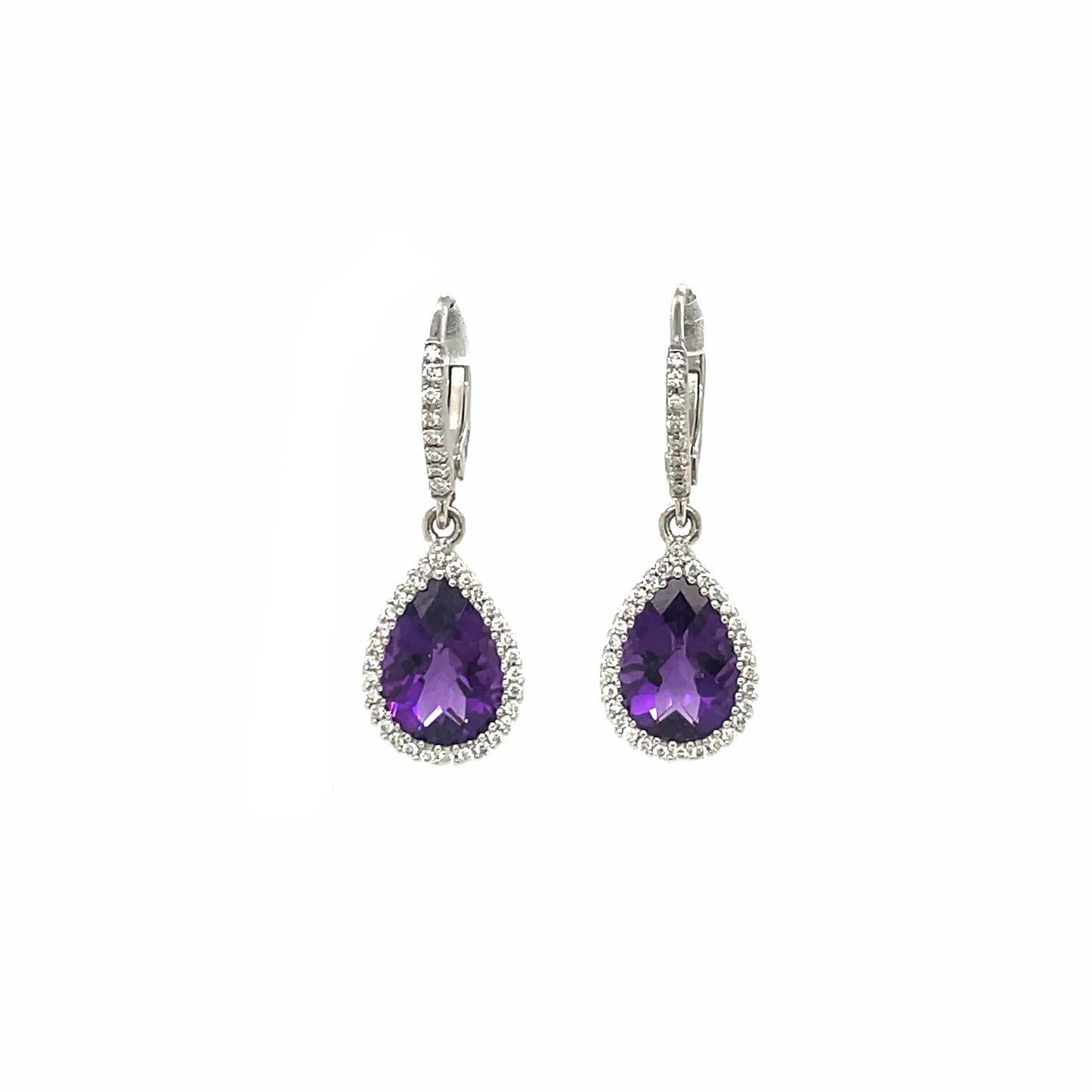 18ct White Gold Amethyst & Diamond Cluster Drop Earrings