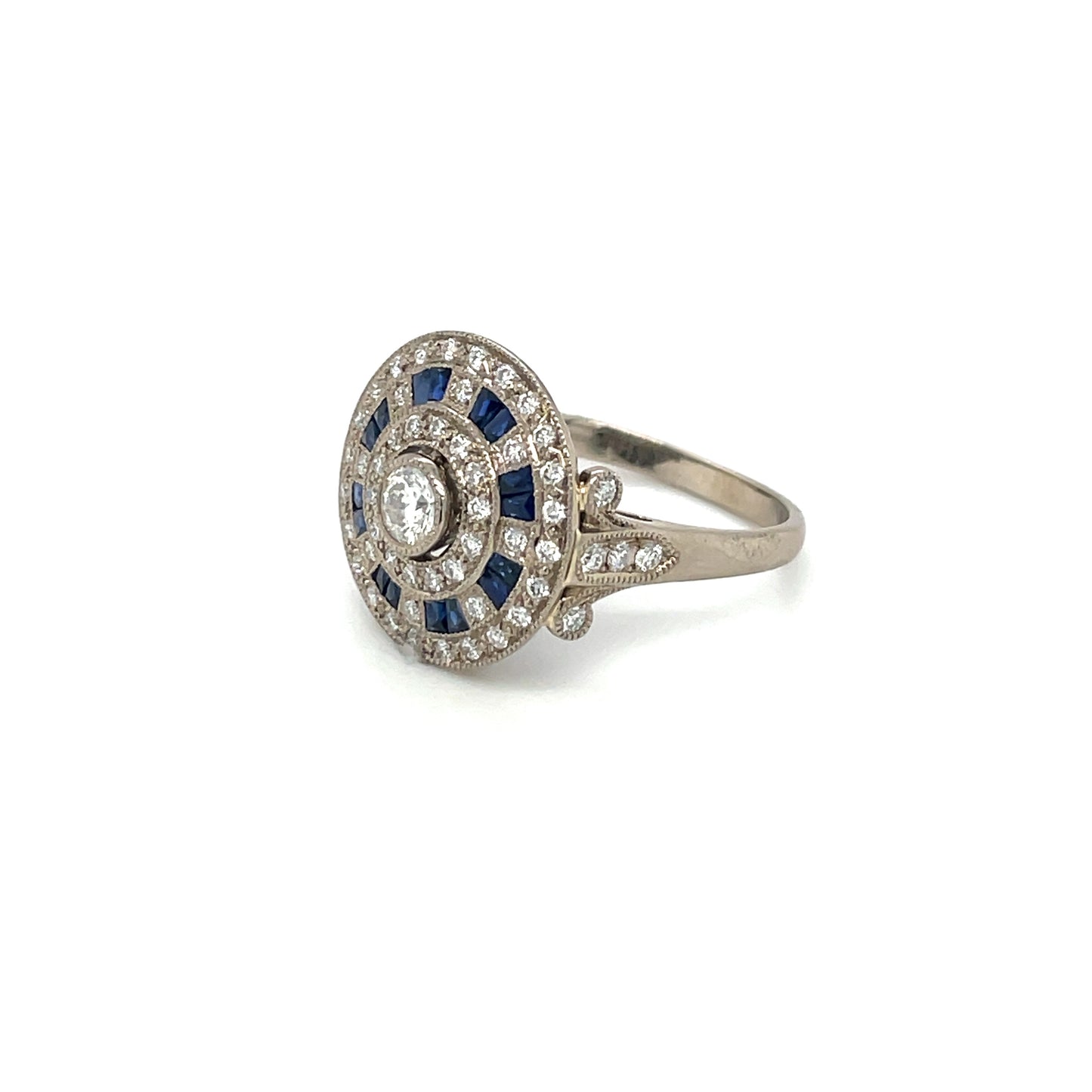 Edwardian Style White Gold Sapphire & Diamond Target Cluster Ring