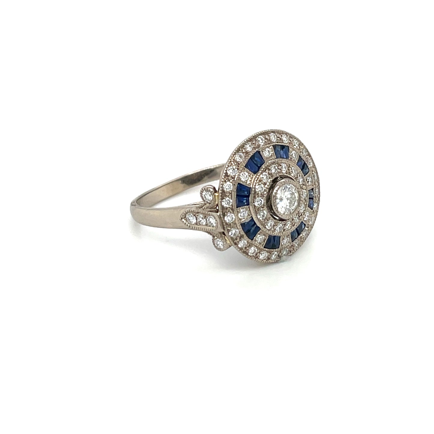 Edwardian Style White Gold Sapphire & Diamond Target Cluster Ring