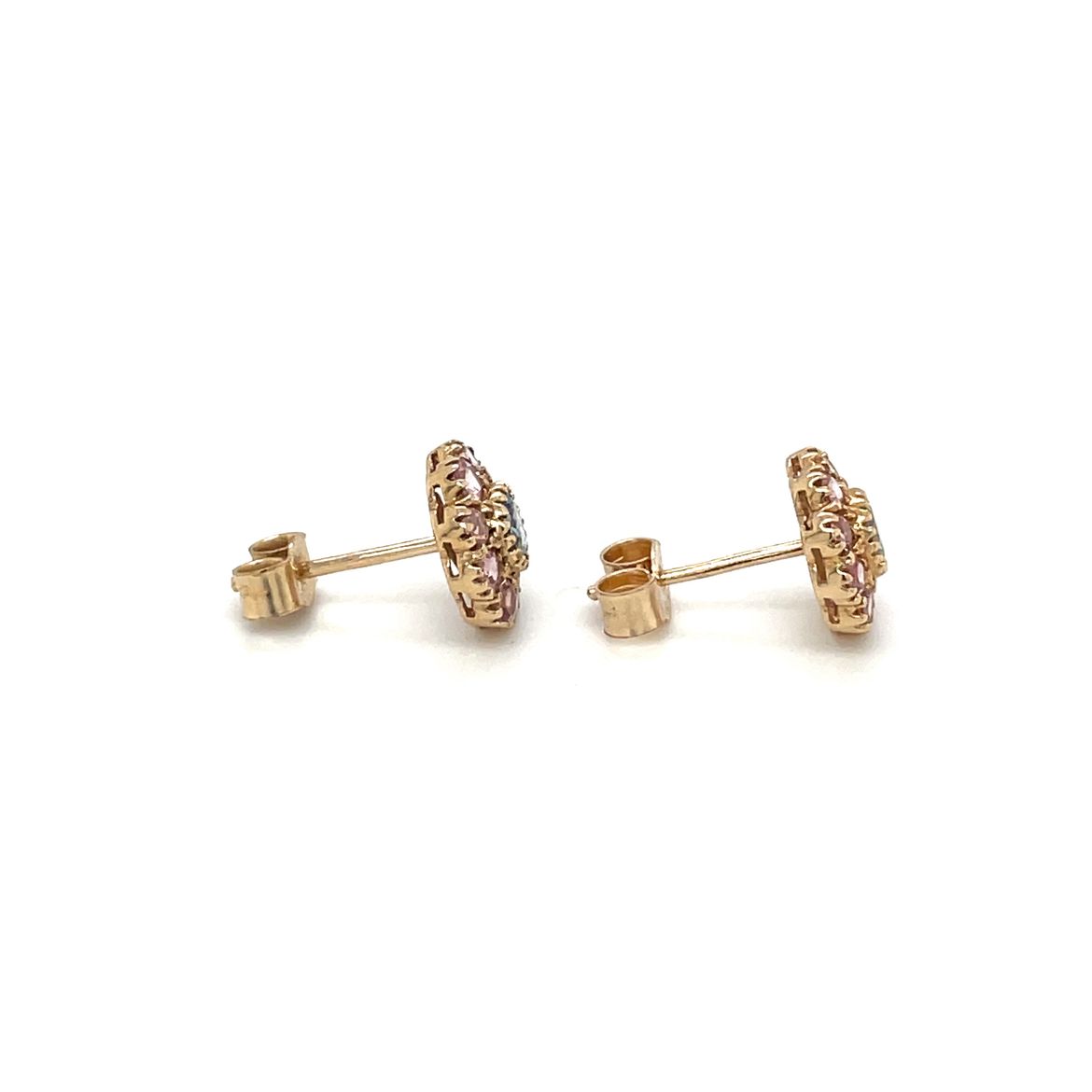 9ct Yellow Gold Aquamarine & Pink Tourmaline Cluster Stud Earrings