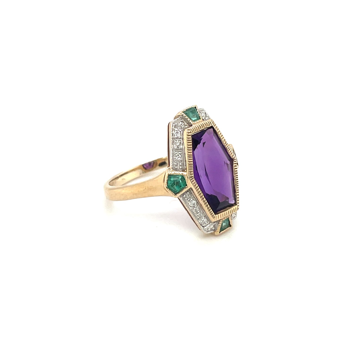 9ct Yellow Gold Amethyst Emerald & Diamond Ring