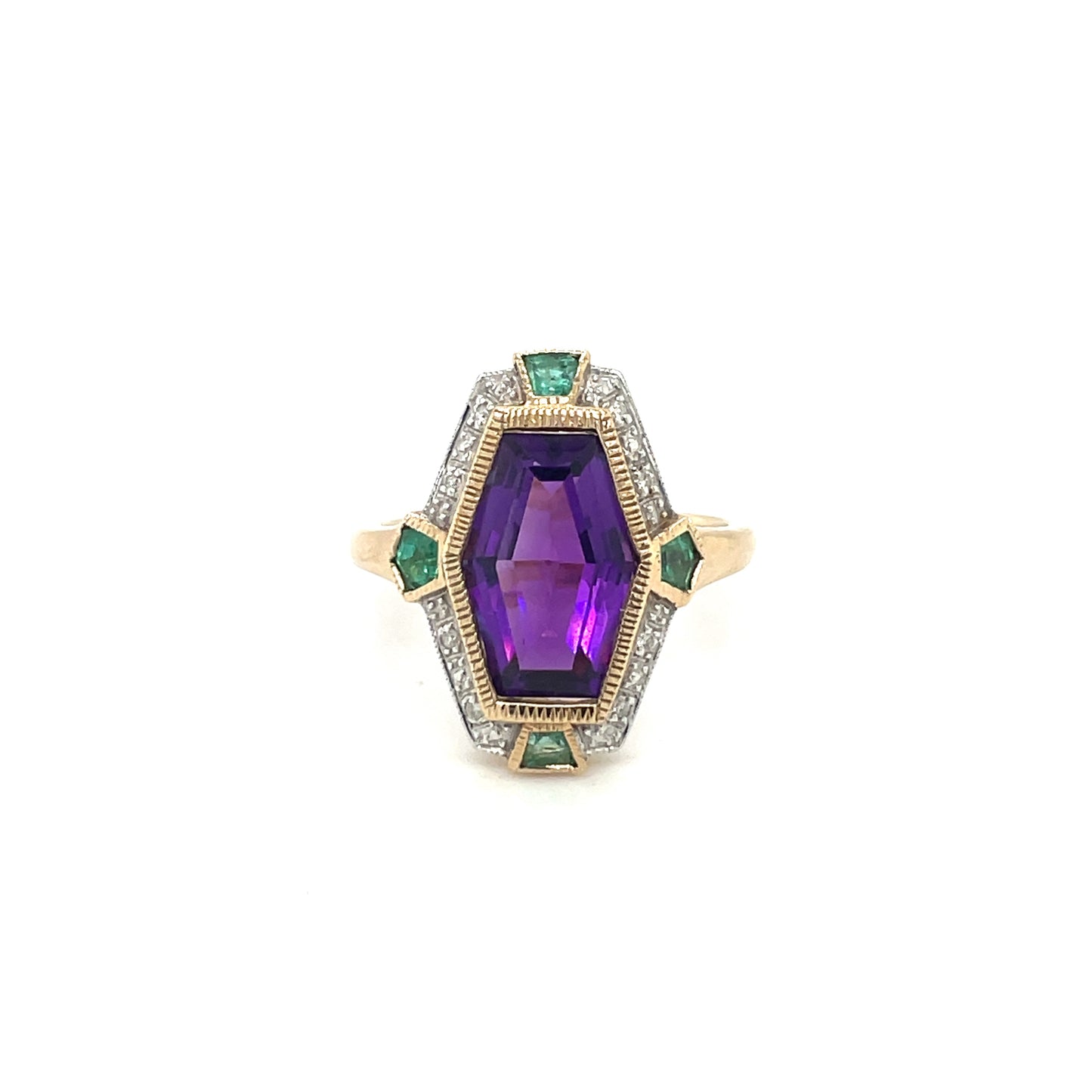 9ct Yellow Gold Amethyst Emerald & Diamond Ring