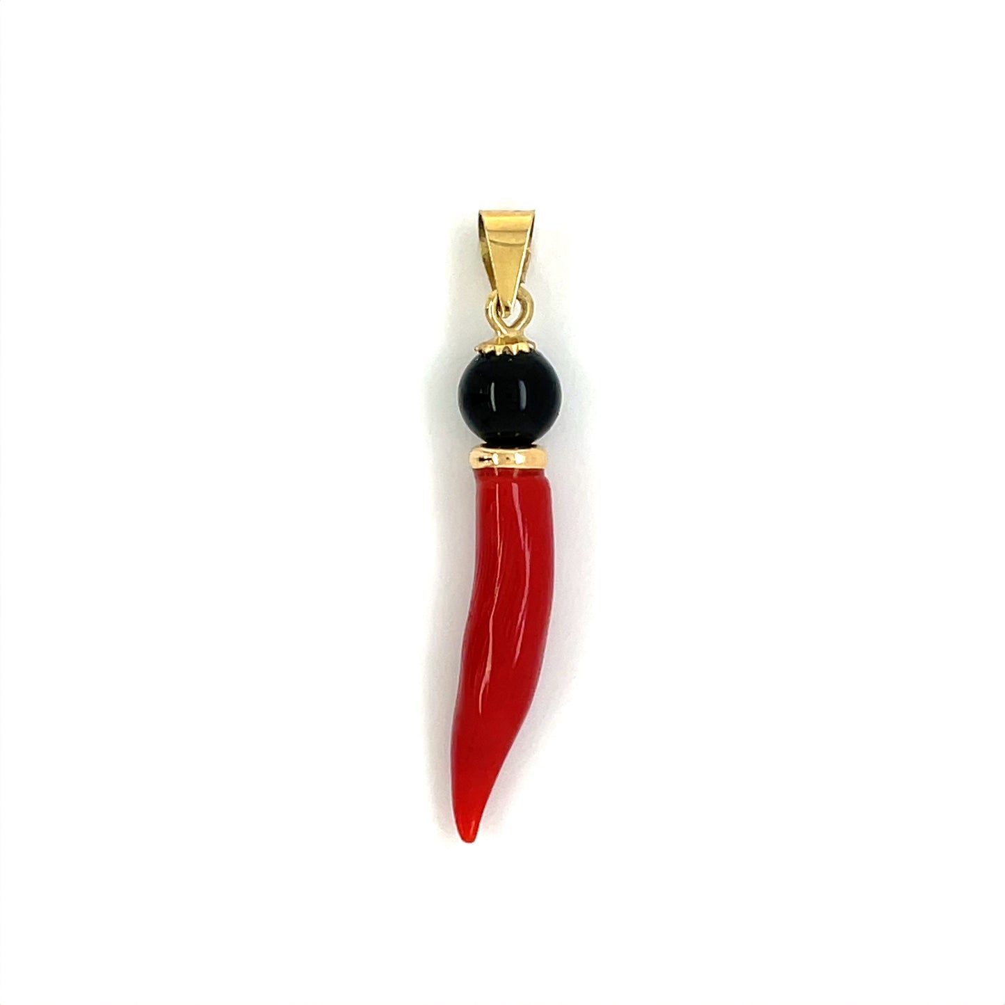 18ct Yellow Gold 'Italian Horn' Coral & Onyx Pendant