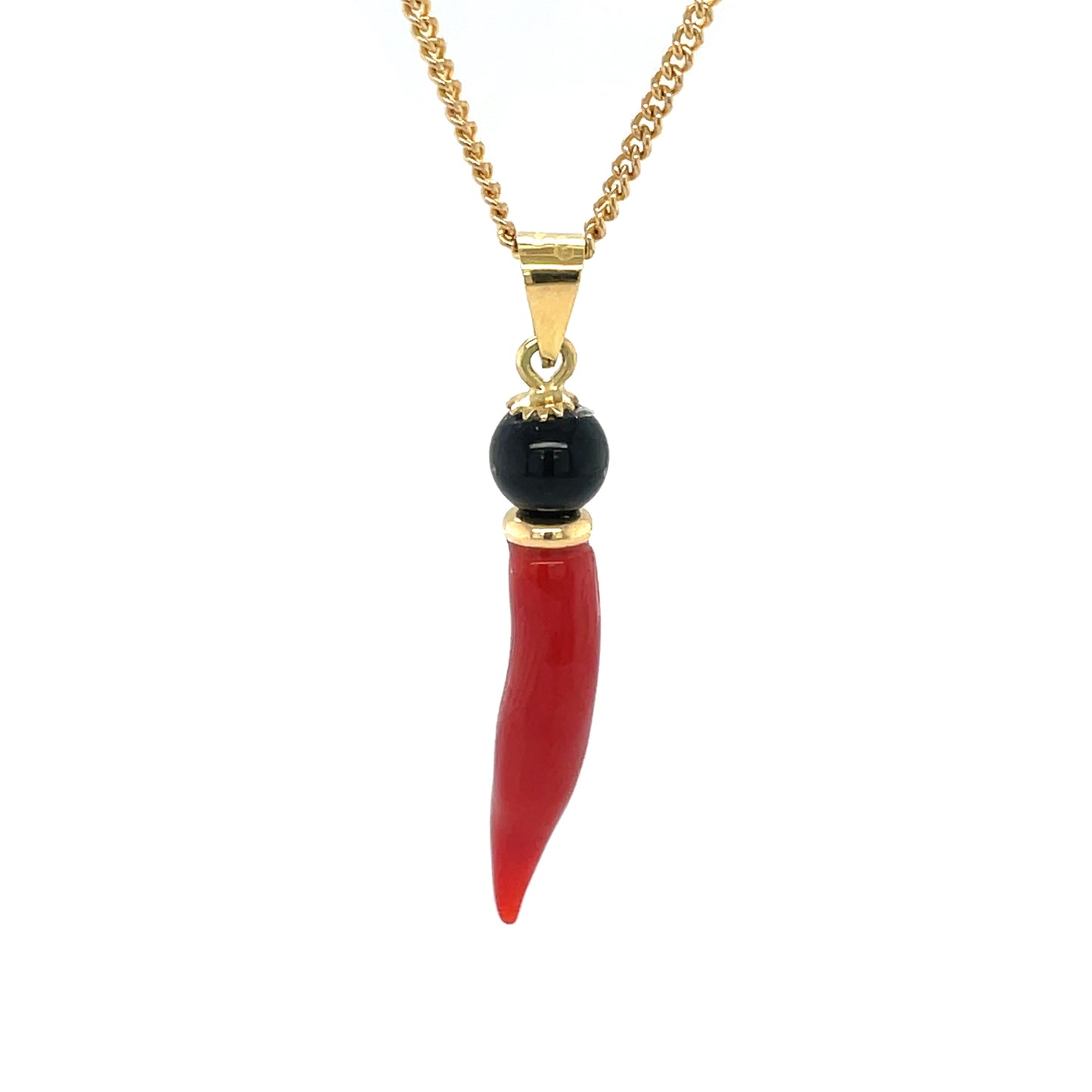 18ct Yellow Gold 'Italian Horn' Coral & Onyx Pendant