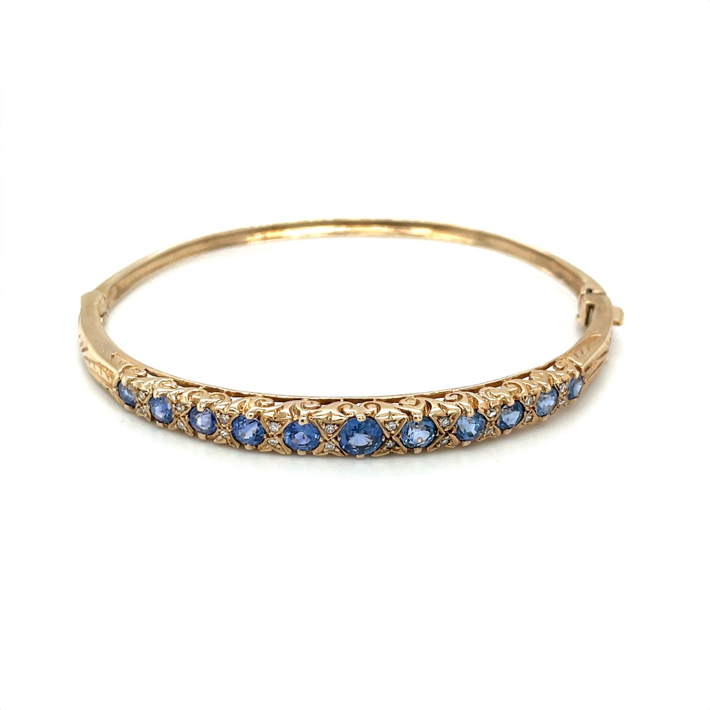 9ct Yellow Gold Sapphire & Diamond Carved Bangle