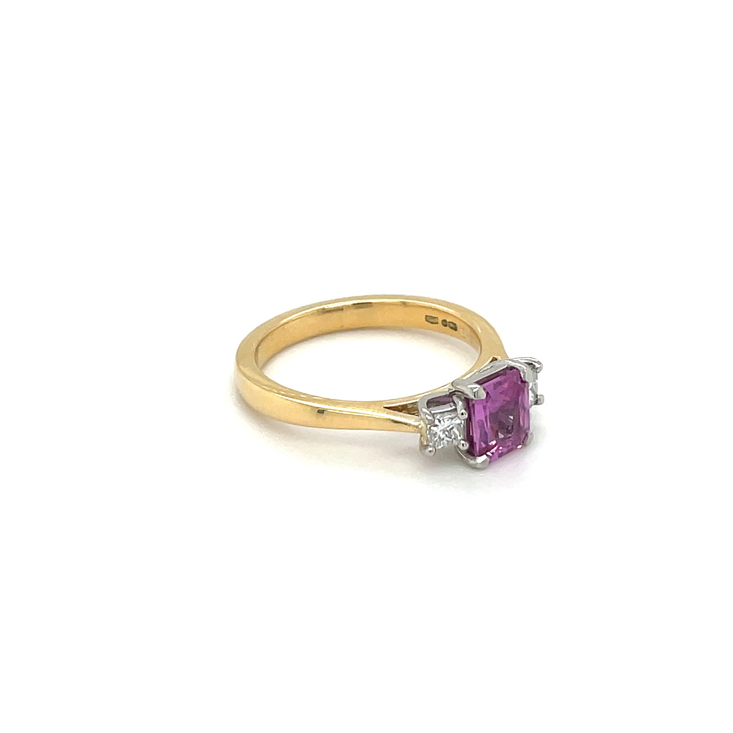 18ct Yellow Gold Pink Sapphire & Diamond Three-Stone Ring