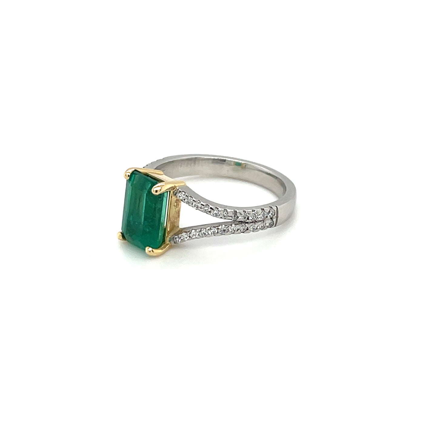 Platinum & 18ct Yellow Gold Emerald & Diamond Split Shoulder Ring