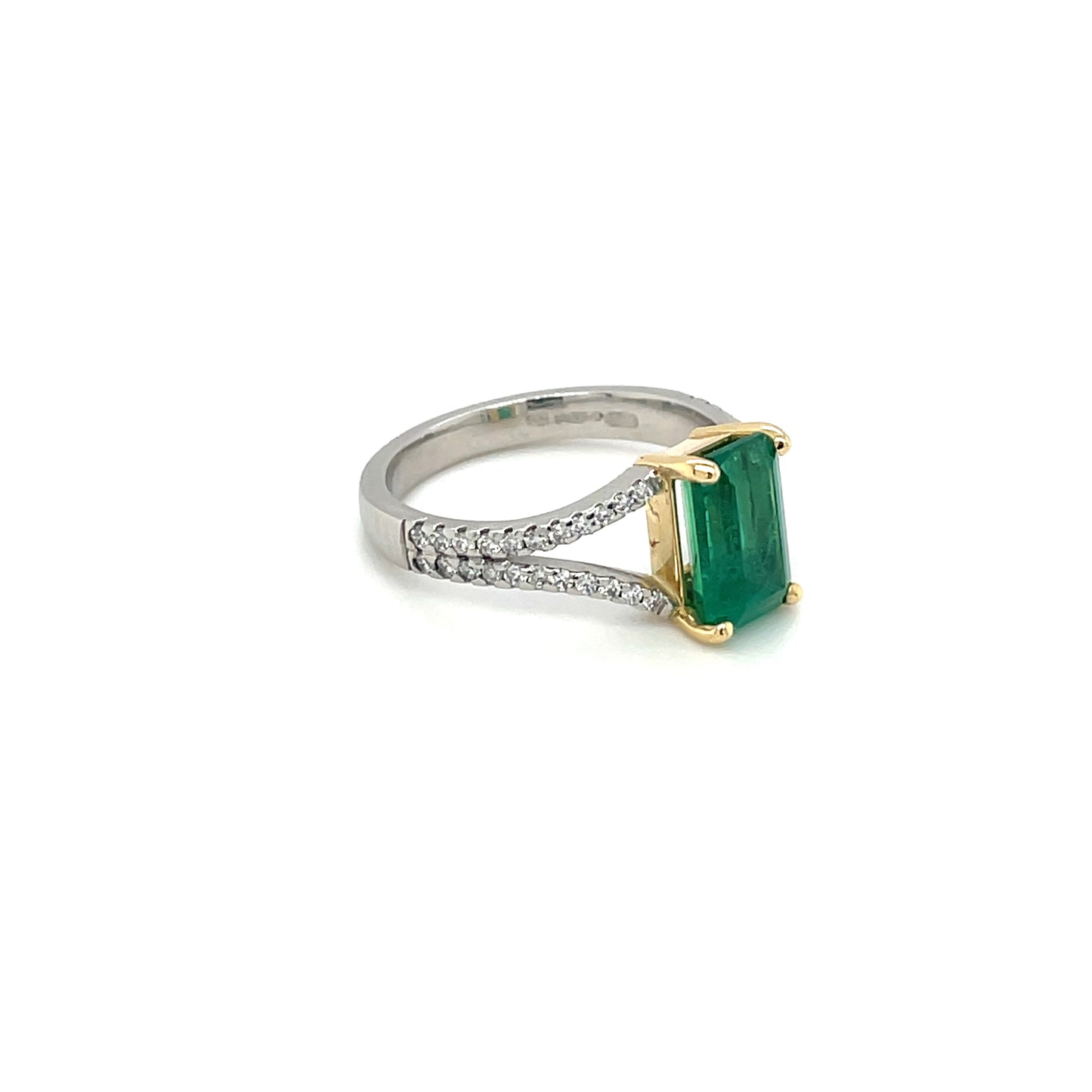Platinum & 18ct Yellow Gold Emerald & Diamond Split Shoulder Ring