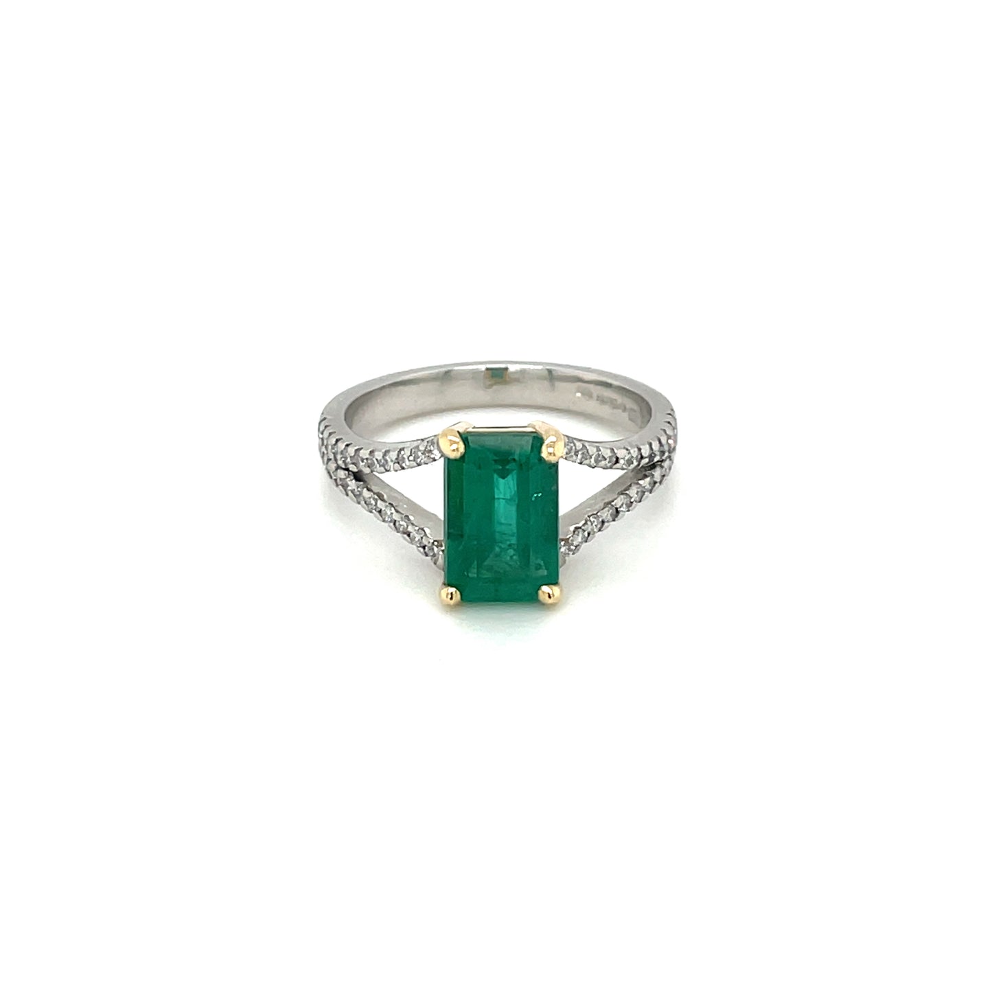Platinum & 18ct Yellow Gold Emerald & Diamond Split Shoulder Ring
