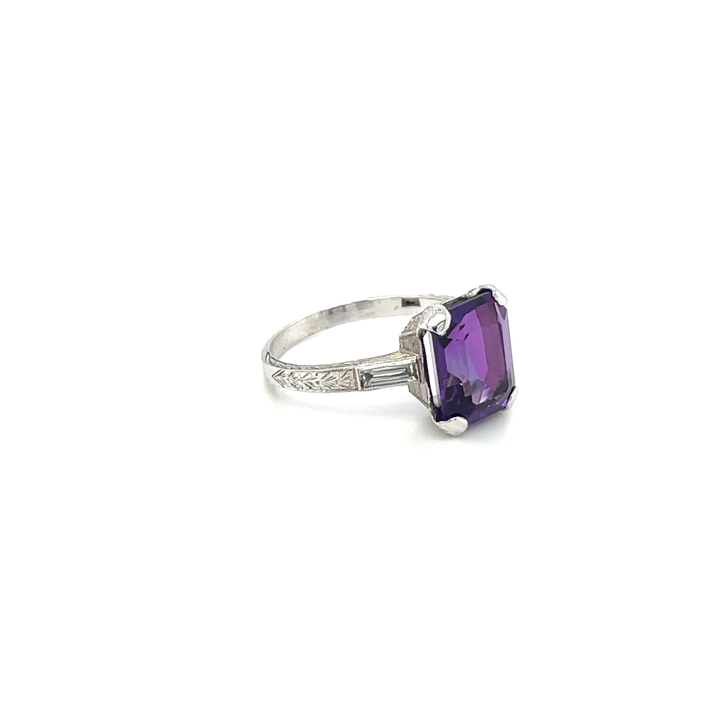 White Metal Amethyst And Diamond Ring