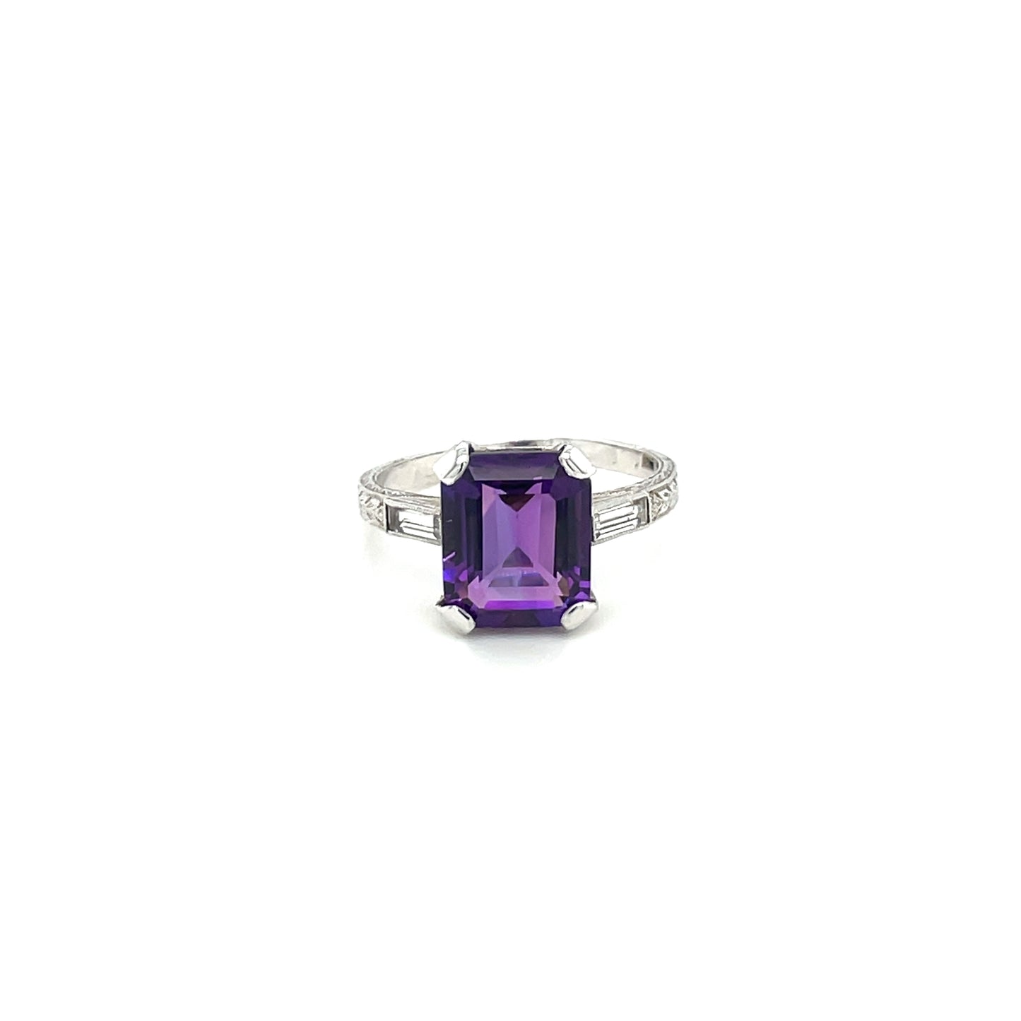 White Metal Amethyst And Diamond Ring