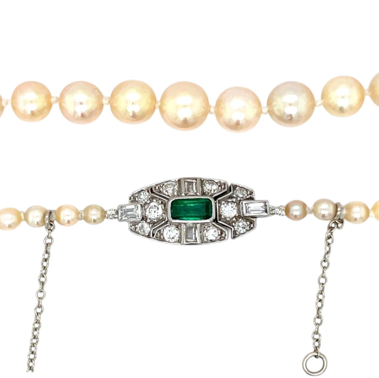 18ct White Gold Emerald & Diamond Cultured Pearl Necklace (18")
