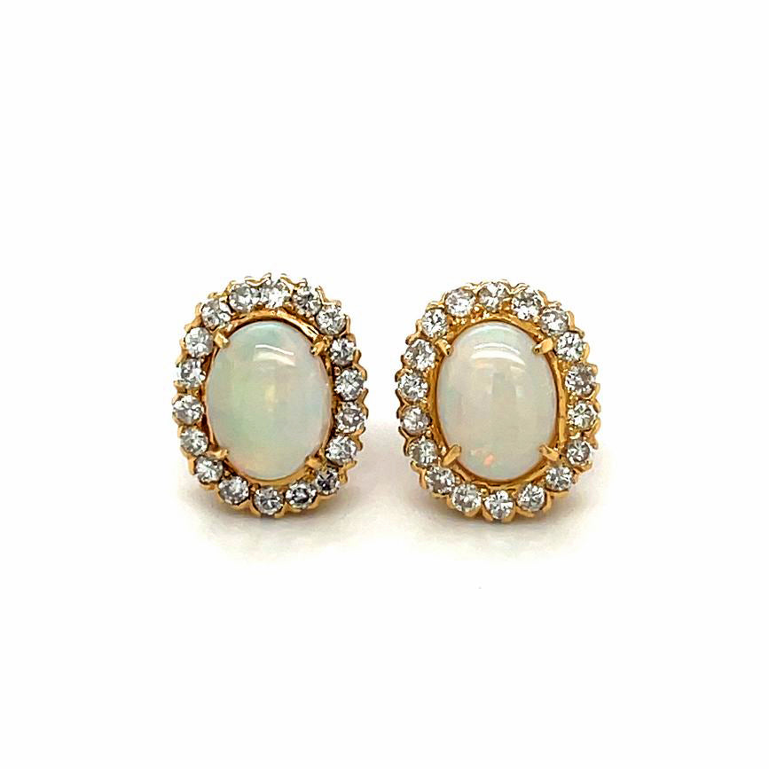 18ct Yellow Gold Opal & Diamond Cluster Stud Earrings