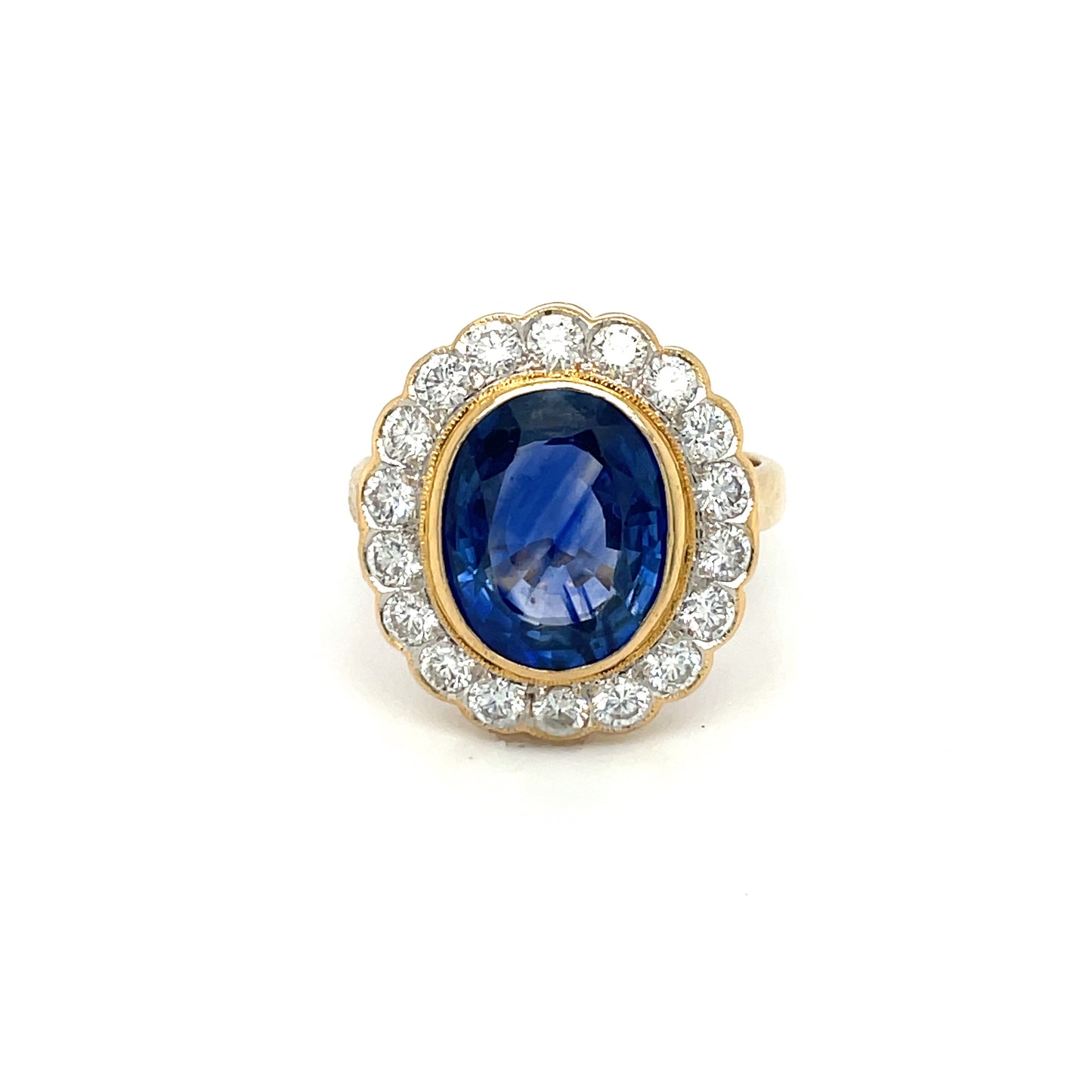 Yellow Gold Large Sapphire & Diamond Rub-over Cluster Ring
