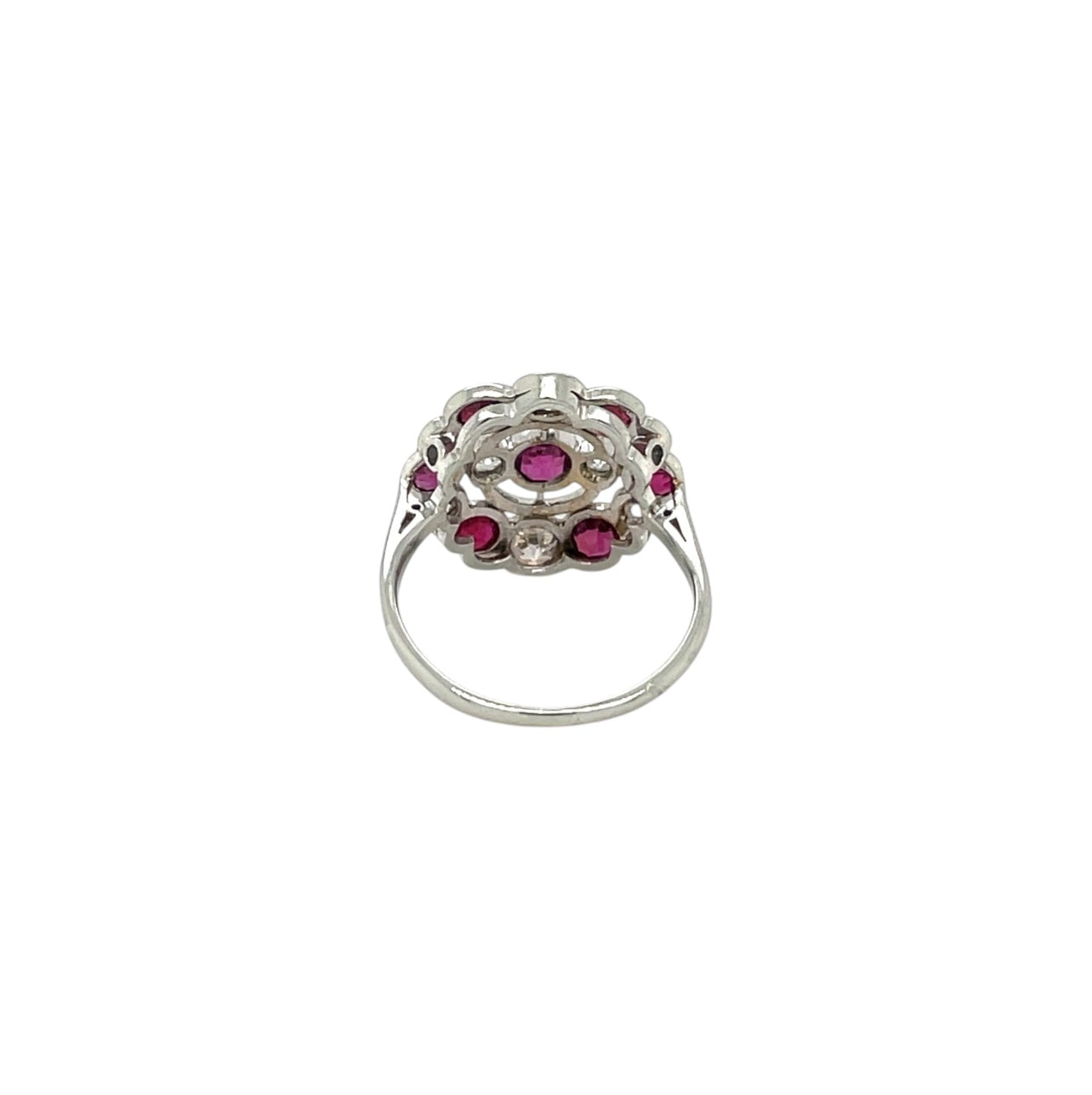 18ct White Gold & Platinum Ruby & Diamond Flower Cluster Ring (L1/2)