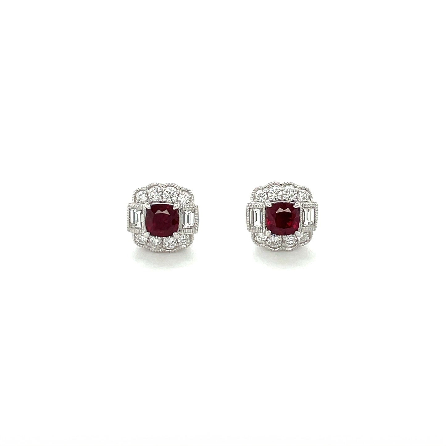 18ct White Gold Ruby & Diamond Unique Cluster Stud Earrings